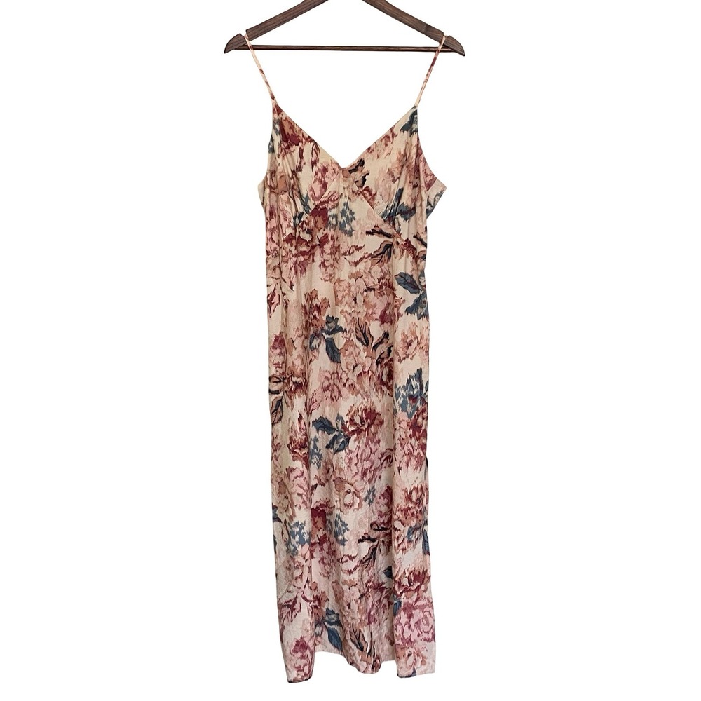 H&M Pink Floral Midi Slip Dress Medium V-Neck Adjustable Straps Side Slit Women